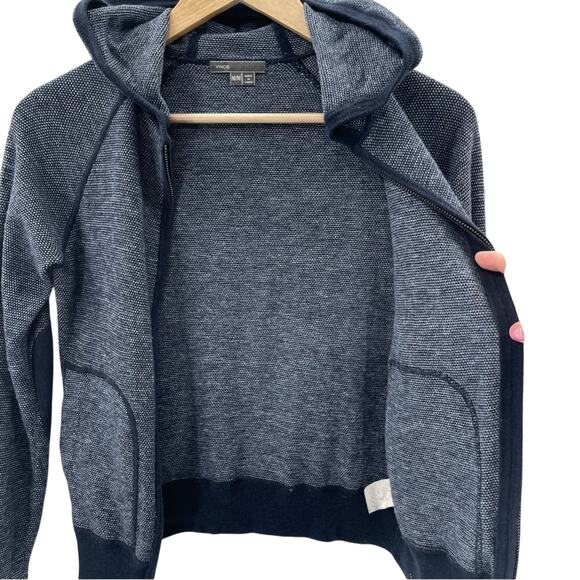 Vince Full Zip Cotton Blend Navy Hooded Sweatshirt Elbow Patches Size Medium - Picture 4 of 8